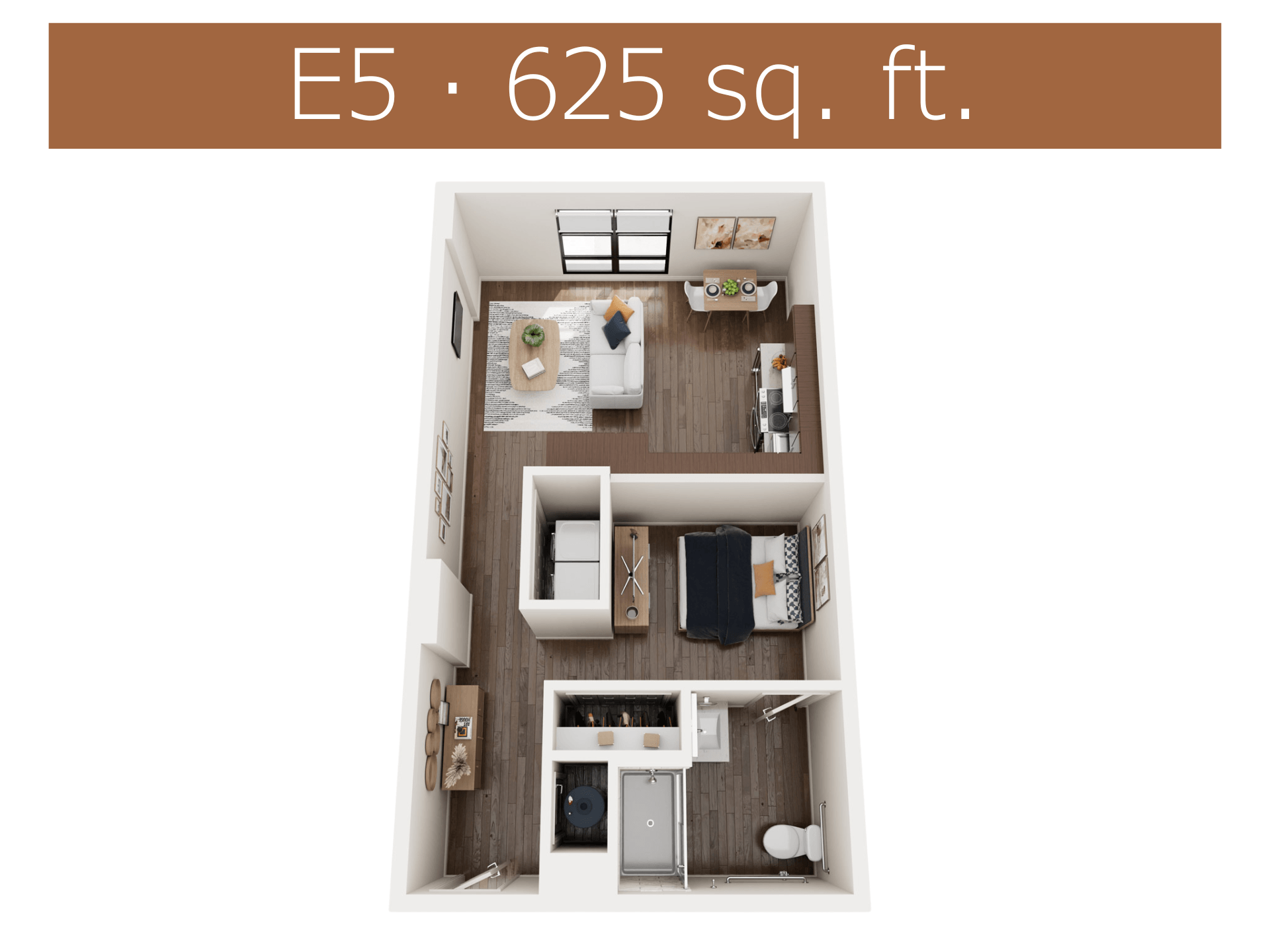 Floor plan for 1 bed, 1 bath, 625 sqft